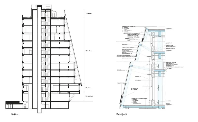 Building section and facade detail drawing illustrating the sloped profile and glazing assembly