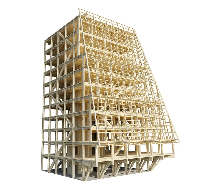 Axonometric model revealing the timber frame structure with diagonal bracing and slanted outer lattice
