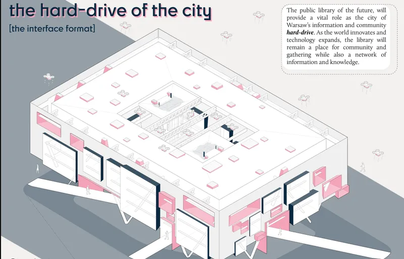 Axonometric drawing showing the library's flat roof and pink entrance volumes protruding from the white perimeter