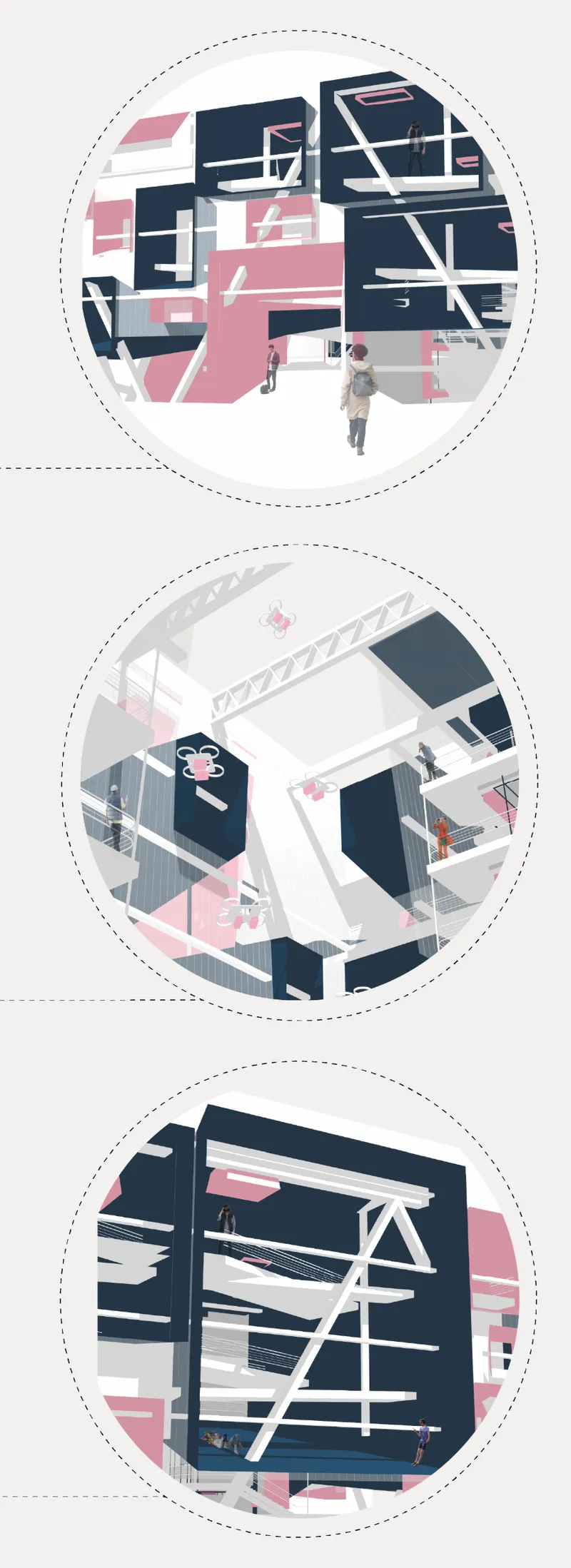Three circular vignettes revealing interior sections with diagonal timber bracing and figures occupying split-level spaces