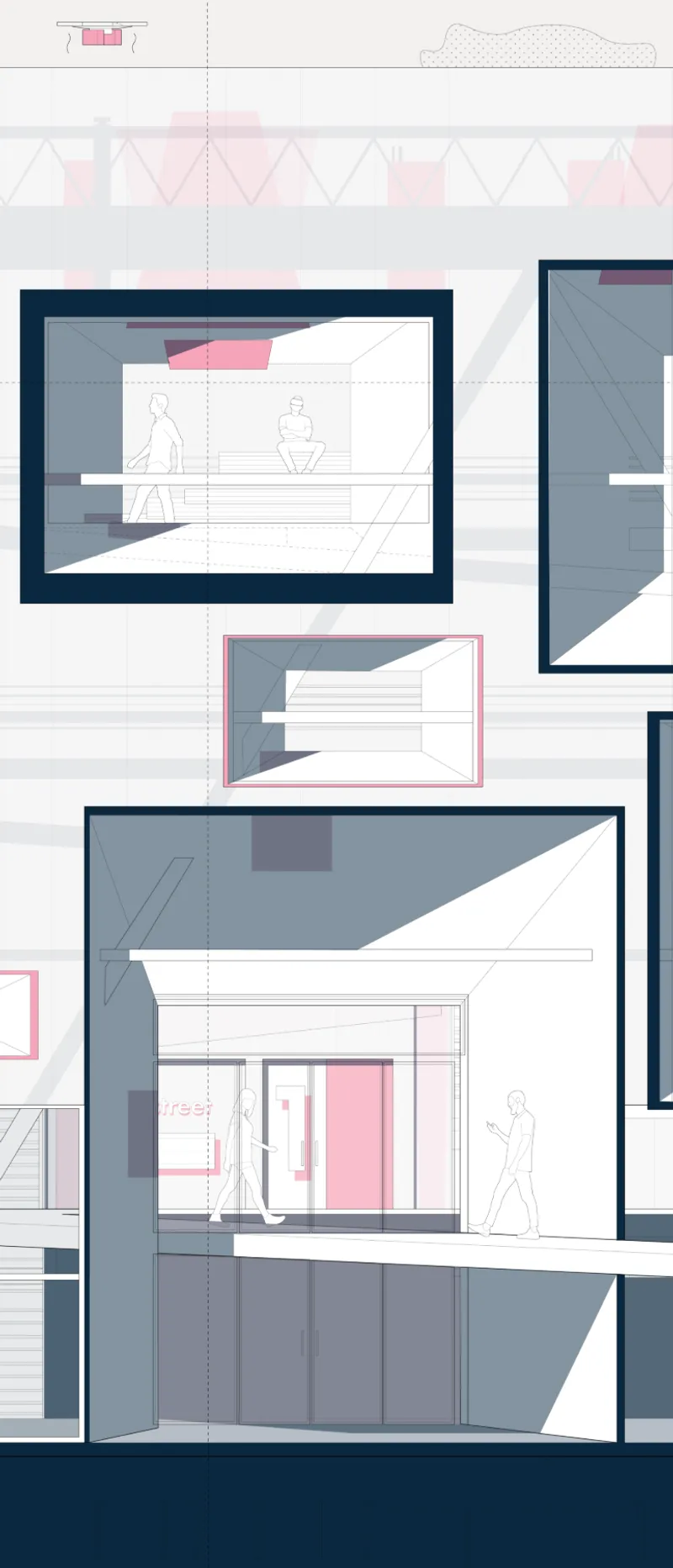 Section drawing showing multi-level interior spaces with mezzanines, gray floors, and pink accent walls