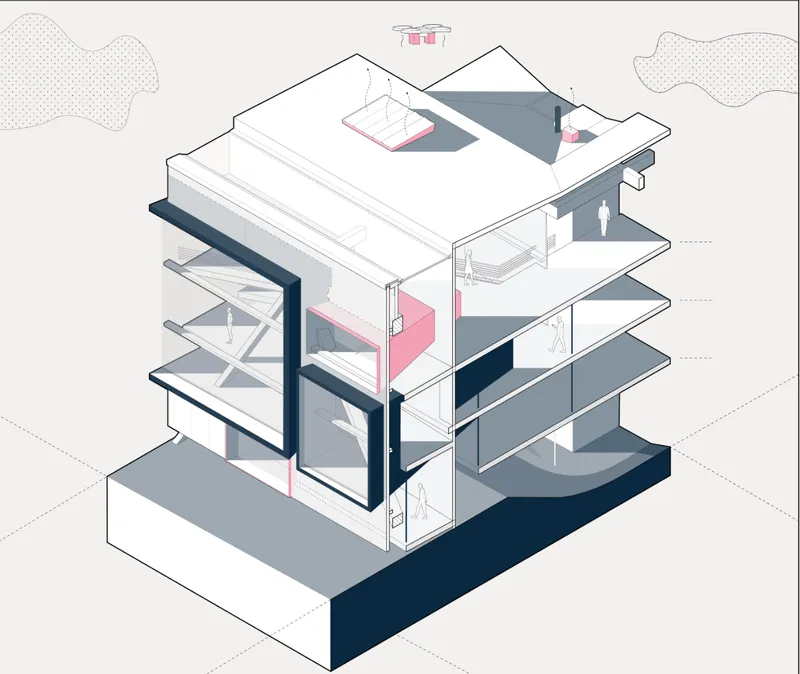 Exploded axonometric drawing revealing layered floor plates, pink volumes and diagonal bracing within the cubic envelope