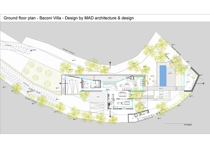 Ground floor plan drawing showing entry sequence and main living areas distributed along the curved site