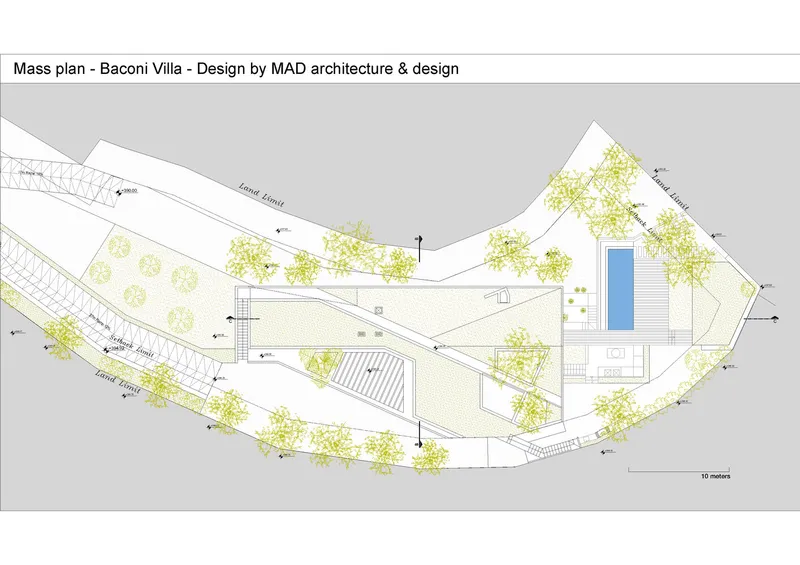 Site plan drawing showing building footprint with pool and scattered tree canopy notations on contoured land