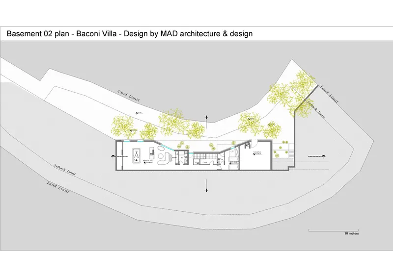 Basement level floor plan drawing showing linear circulation and room divisions below the sloping site