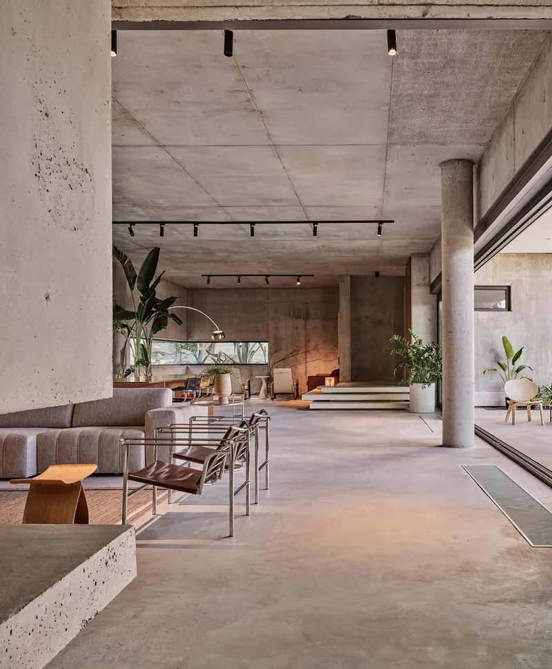 Open living space with exposed concrete ceiling and cylindrical columns framed by potted plants