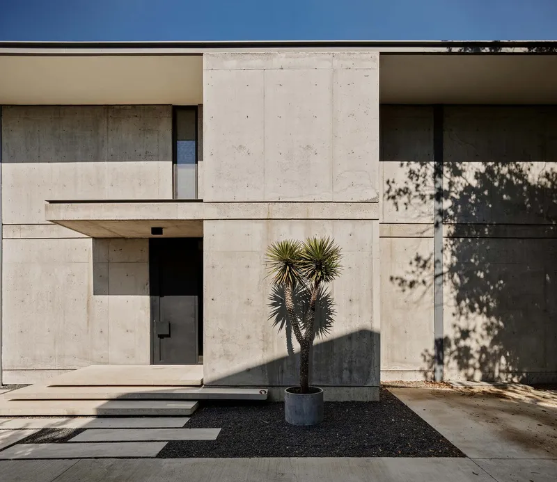 Concrete facade with cantilevered volume and potted succulent casting shadows in sunlight