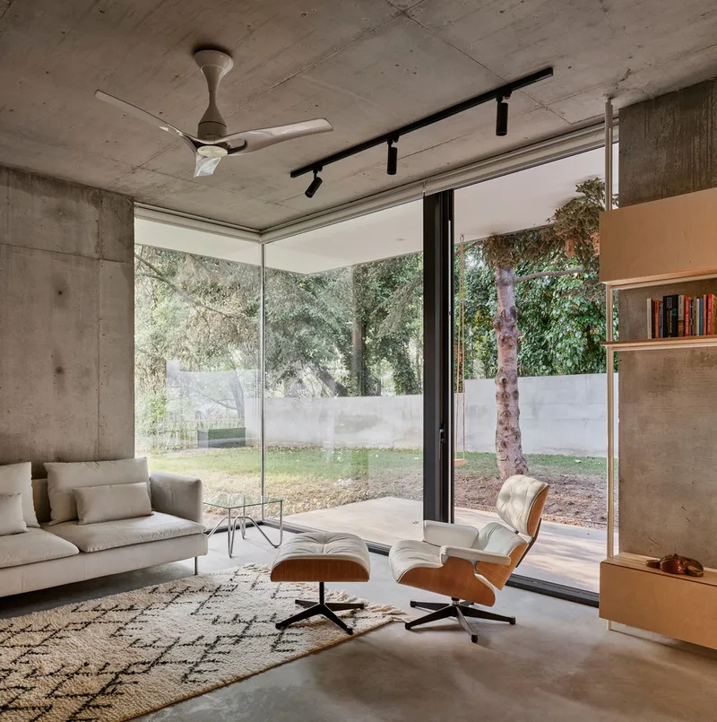 Living room with floor-to-ceiling glass overlooking a mature tree and lawn in afternoon light
