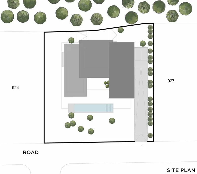 Site plan drawing showing three building volumes arranged around a central courtyard with a pool and perimeter trees