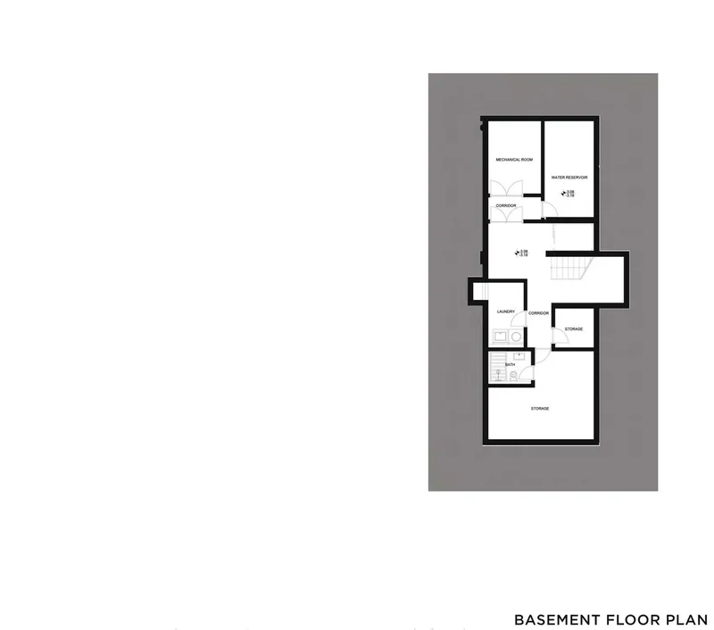 Basement floor plan drawing indicating bedrooms, bathrooms, laundry, storage, and a mechanical room