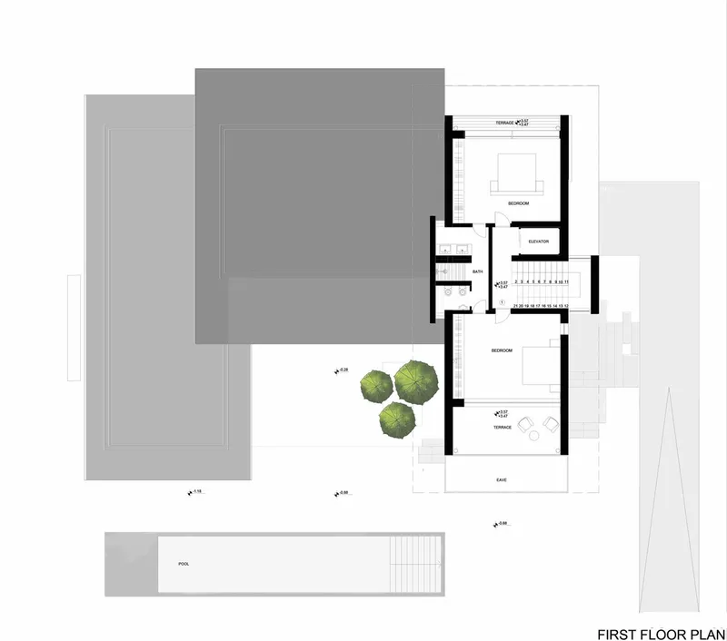 First floor plan drawing showing bedrooms, elevator, terrace, and three trees in the interior courtyard below