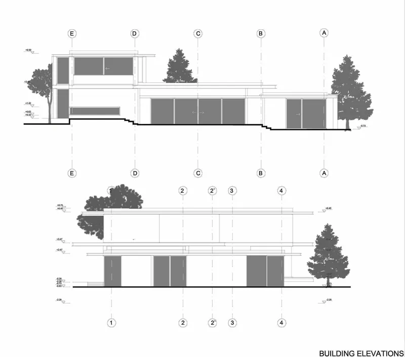 Building elevation drawings showing horizontal volumes, glazing, flat roofs, and flanking trees on sloping terrain