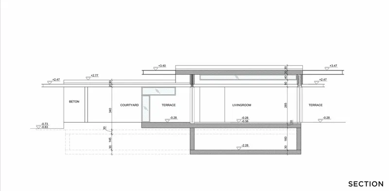 Section drawing showing a living room flanked by terraces and courtyards at varying floor levels