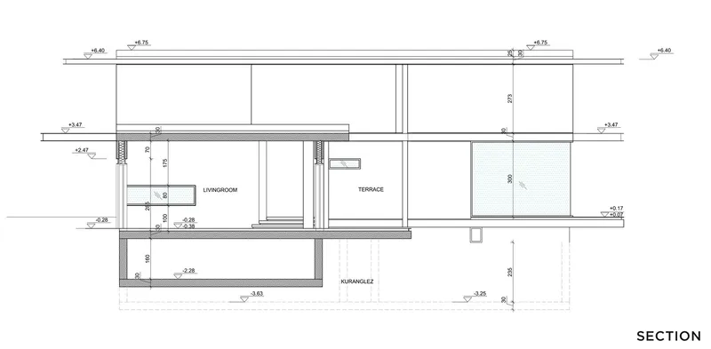 Section drawing revealing split-level interior spaces with a terrace positioned between the living room and pool area
