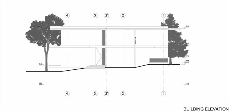 Building elevation drawing showing a two-story volume with grid lines, central stair, and adjacent trees on grade