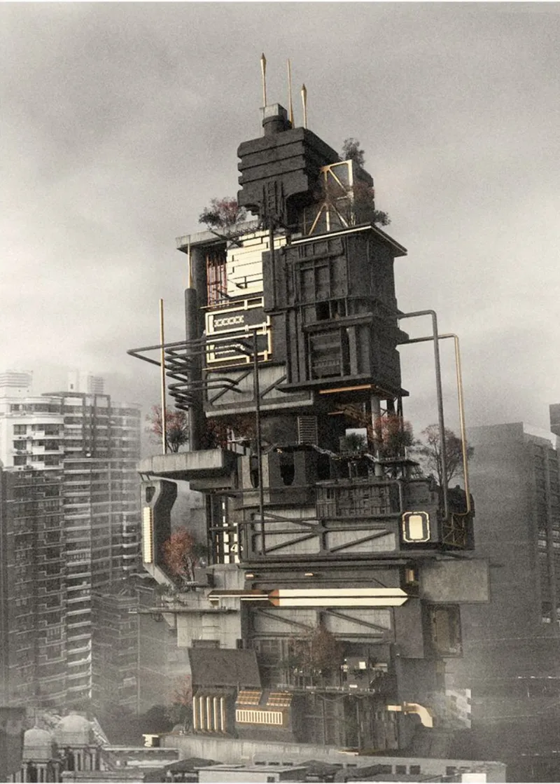 Vertically stacked tower with dark timber volumes, steel walkways and rooftop trees in misty urban setting