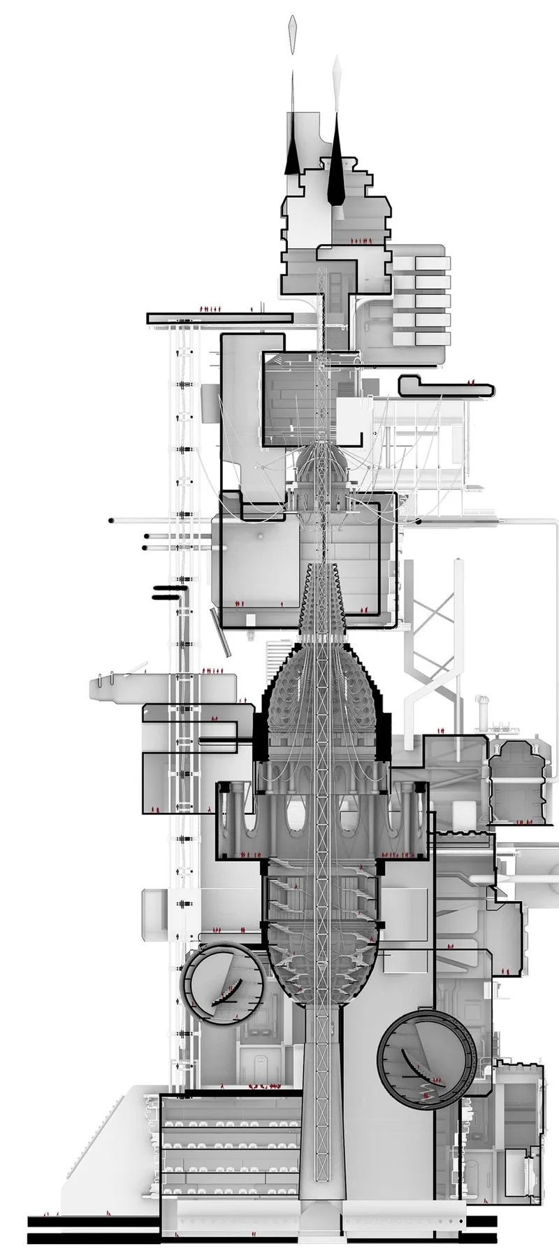 Sectional drawing showing layered volumes arranged vertically around a central spine with circular mechanical elements