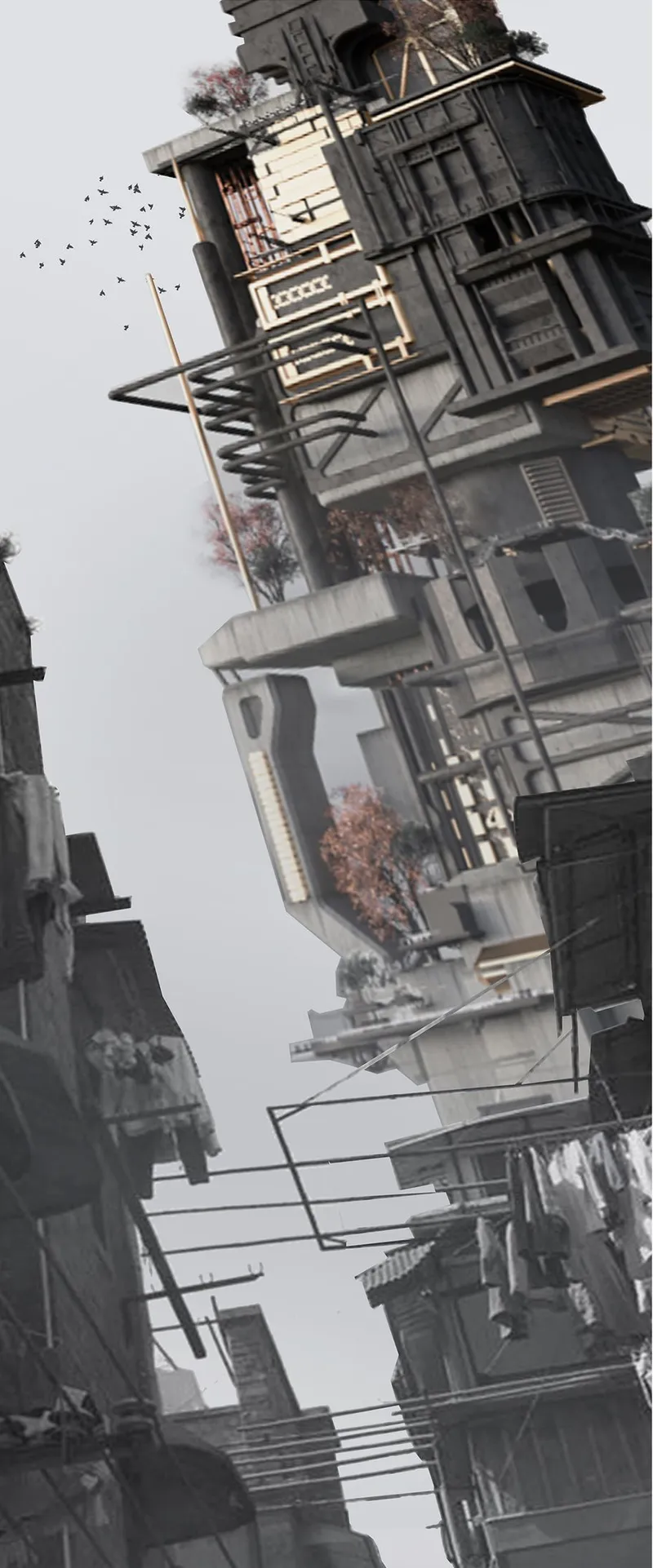 Vertical tower assemblage with cantilevered platforms, external stairs and planted terraces rising through grey sky