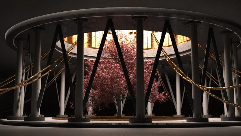 Physical model of cylindrical pavilion with diagonal bracing, illuminated interior and pink flowering tree at dusk