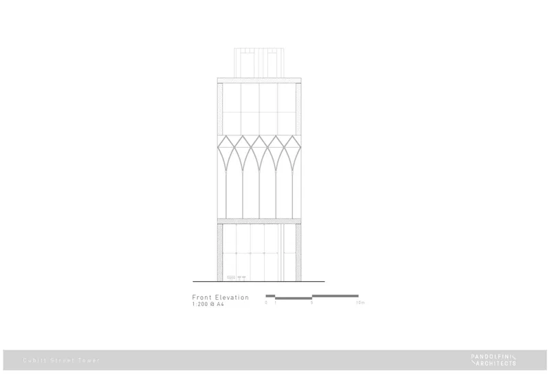 Front elevation drawing showing multi-storey building with Gothic arched window band