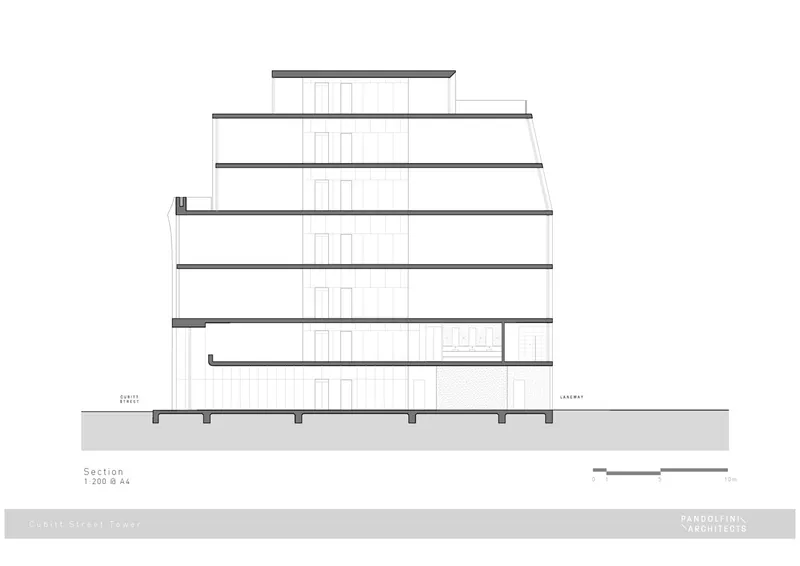 Section drawing showing five stepped floor plates with central circulation core