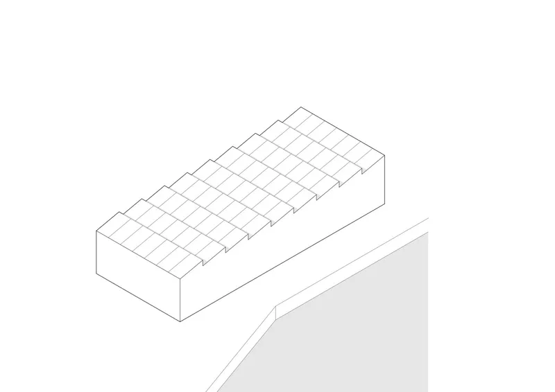 Axonometric drawing showing a sawtooth roof volume above a curved wall element
