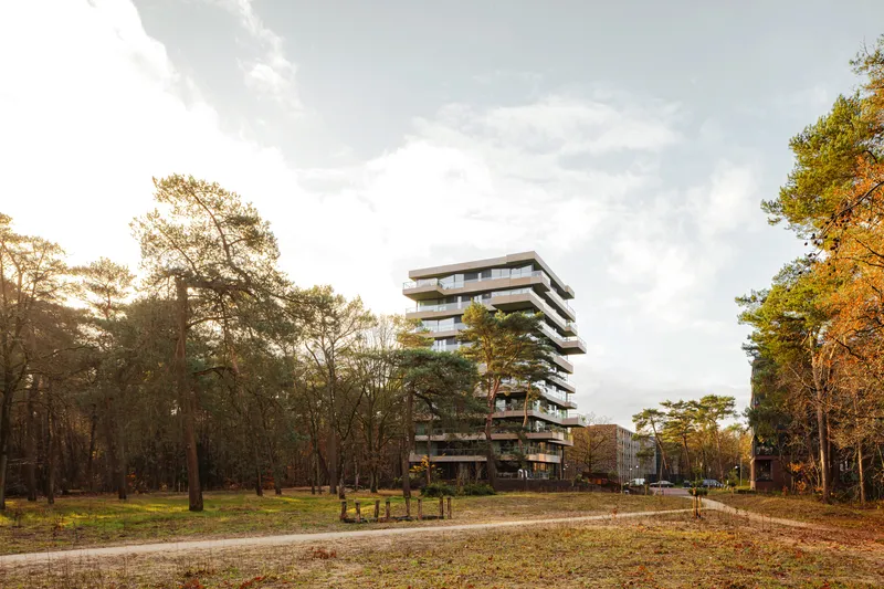 Residential tower viewed across an open lawn with surrounding pine forest in autumn light