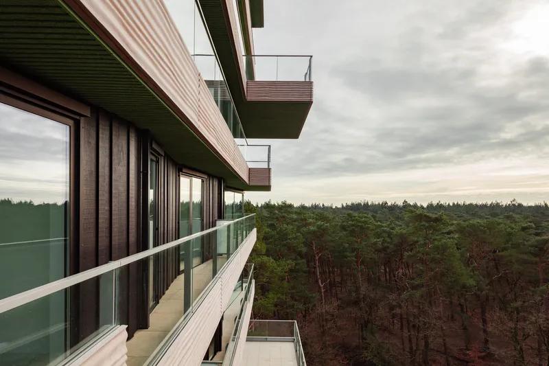 Balconies with horizontal timber cladding and glass railings extending over a dense pine forest under overcast skies