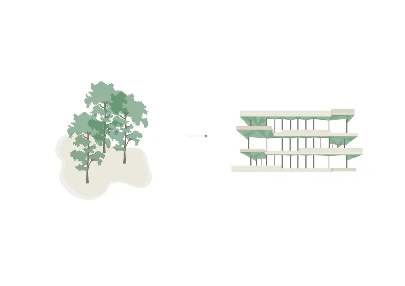 Diagram showing the relationship between existing trees and the building elevation with an arrow connecting them