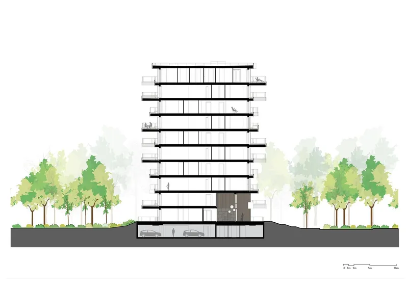 Section drawing showing a nine-story tower with underground parking flanked by watercolor trees