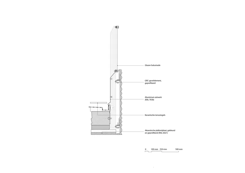 Detail section drawing showing the junction of glass balustrade with aluminum frame and insulation layers