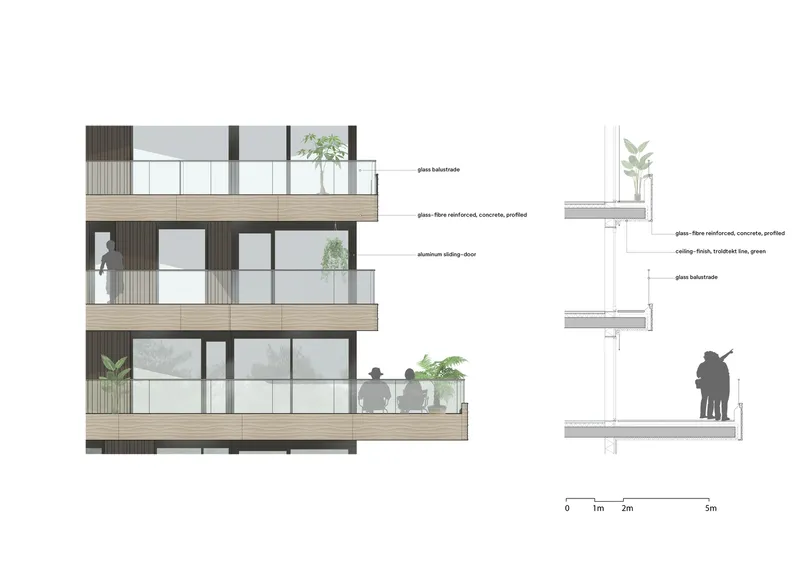 Elevation and detail drawings showing stacked balconies with glass railings and planted greenery