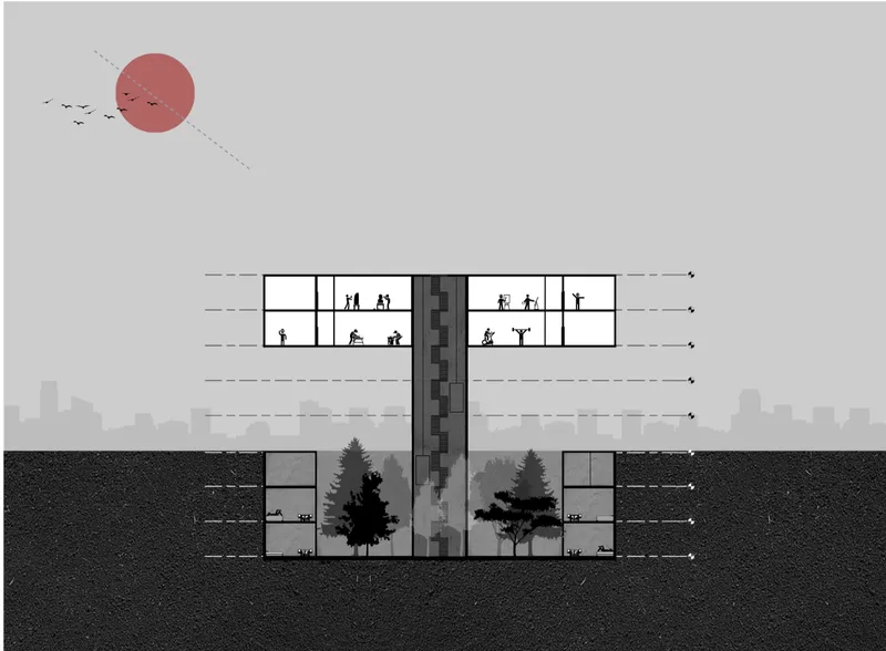 Sectional drawing showing above-ground and below-ground levels with central circulation core and silhouetted figures