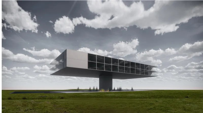 Cantilevered gridded structure elevated on a single central column in a grassy field under dramatic clouds