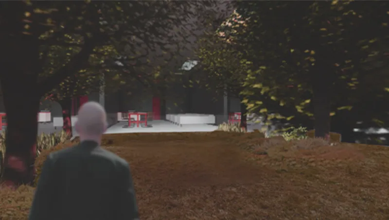 Rendering of a figure standing before a landscaped mound with trees and red furniture beyond
