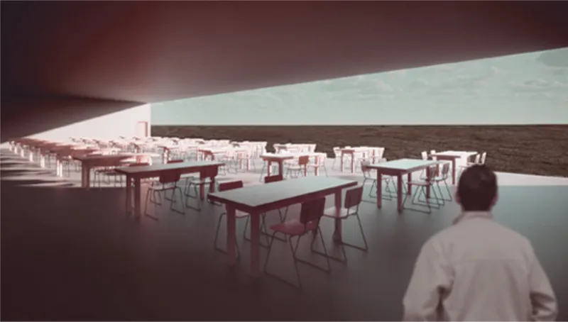 Covered terrace with rows of tables and chairs overlooking the ocean at dusk