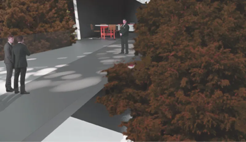 Rendering of curved pathways winding through autumn foliage with figures and red furniture