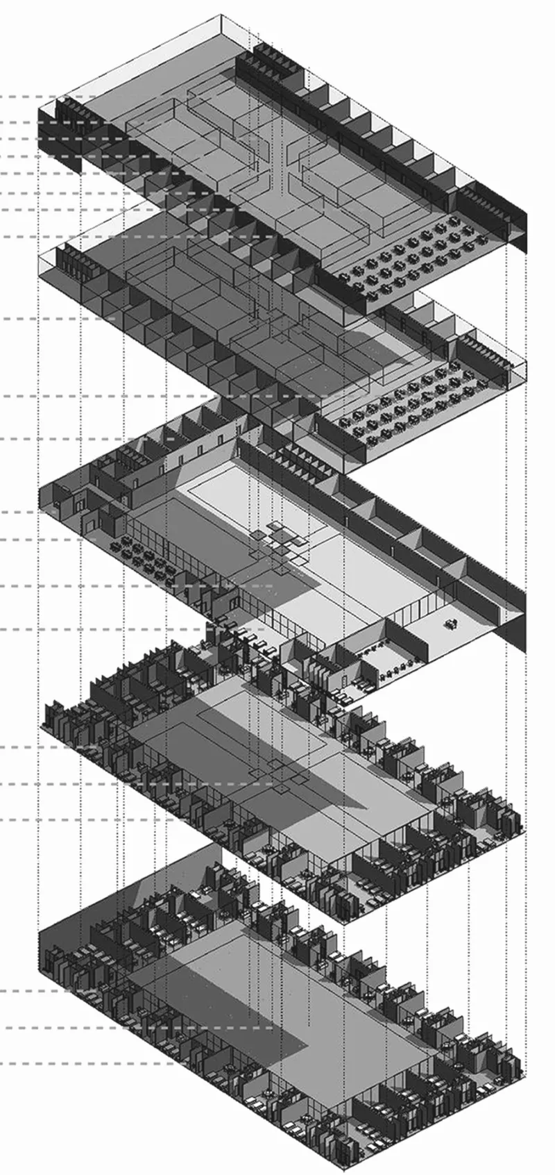 Axonometric drawing showing stacked floor plates with structural columns and circulation stairs in exploded view
