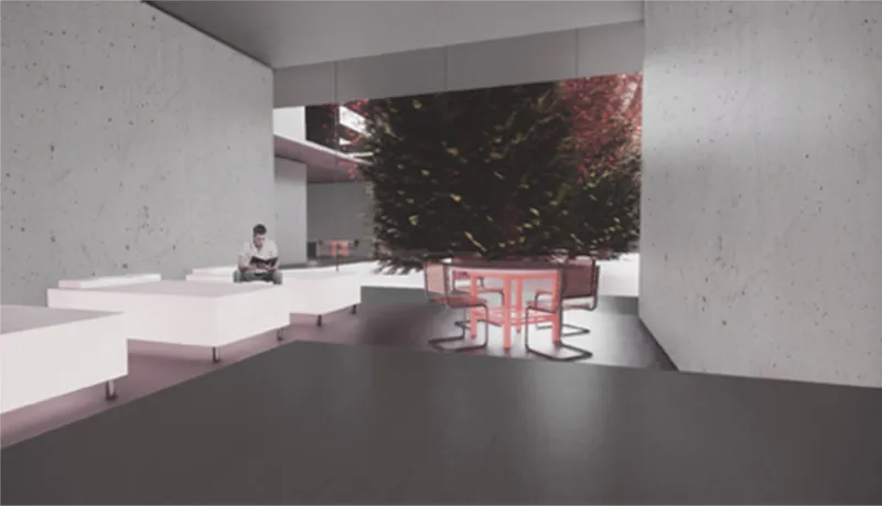 Interior space with concrete walls, white benches, red furniture and a large tree projection