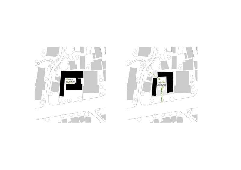 Site plan diagrams comparing building footprints before and after an intervention adjacent to a curving road