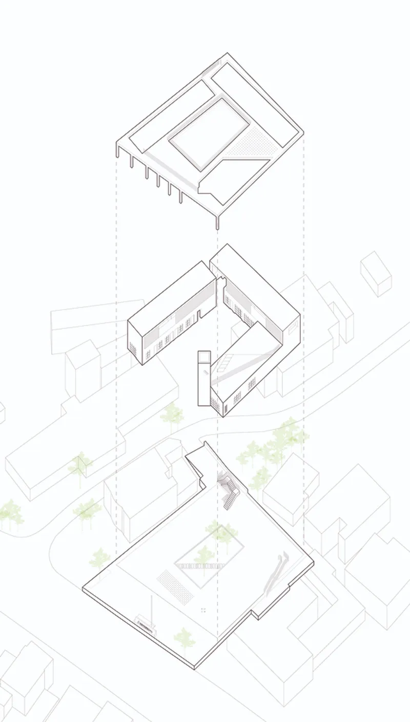 Axonometric drawing showing three stacked volumes with courtyards and surrounding site context with trees