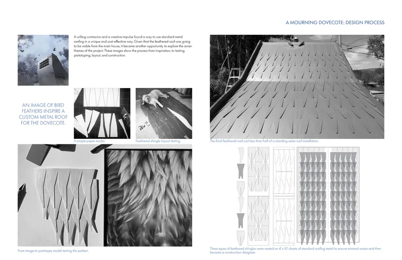 Design process board showing custom metal roof tile development inspired by bird feathers and construction diagrams