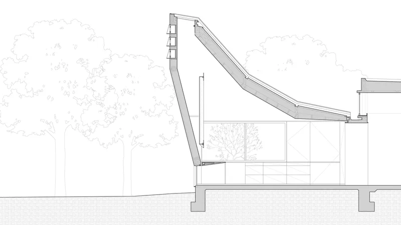 Section drawing revealing the sloping roof structure with interior glazing and adjacent mature trees