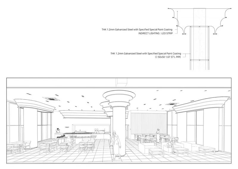 Perspective section drawing showing the interior with tiered ceiling columns and detail callout of steel pipe construction