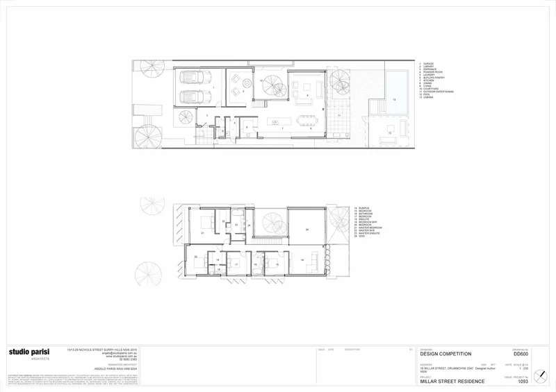 Floor plan drawings showing two levels with rooms arranged in a linear sequence and trees indicated at corners