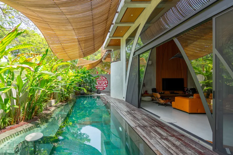 Covered terrace with curved timber slat canopy beside a lap pool surrounded by tropical banana plants
