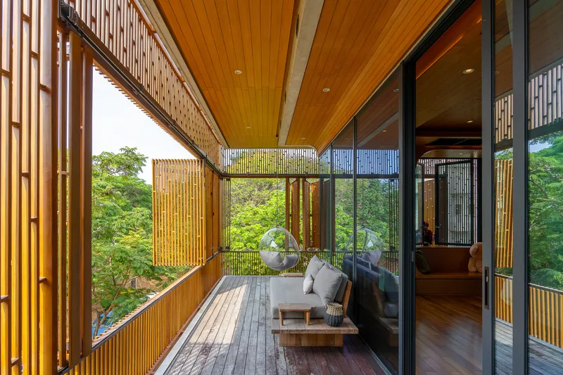 Timber-screened balcony with slatted soffit and floor-to-ceiling glazing overlooking dense forest canopy