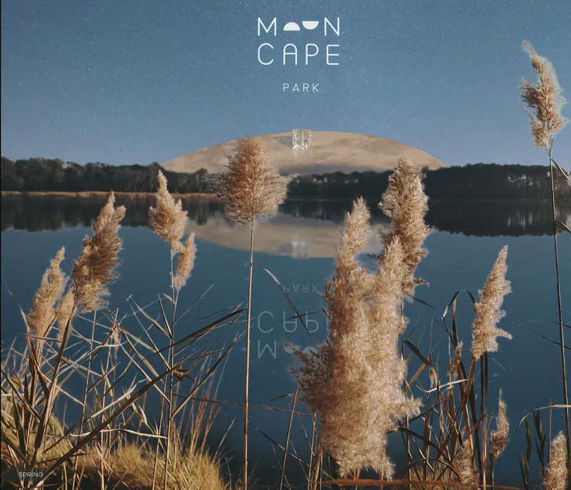 View across the lake with ornamental grasses in the foreground and a distant dome structure on the far shore