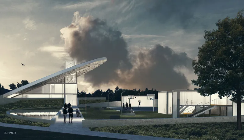 Rendering of the pavilion with angled canopy roof and glass walls beneath dramatic summer clouds