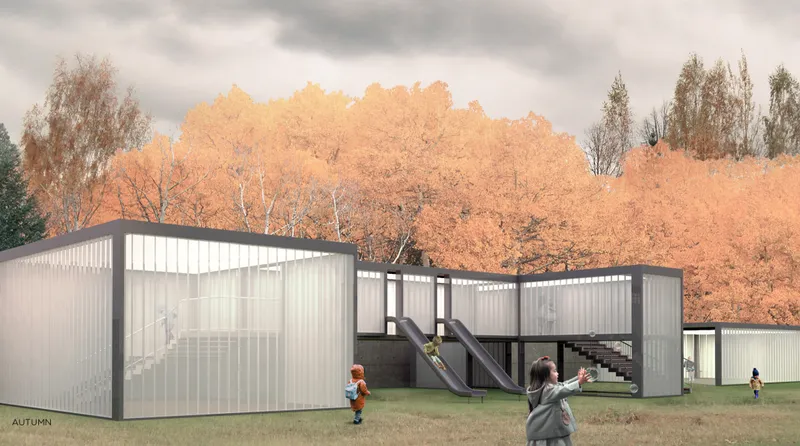 Rendering of corrugated metal volumes on concrete base with exterior stairs and children playing in autumn